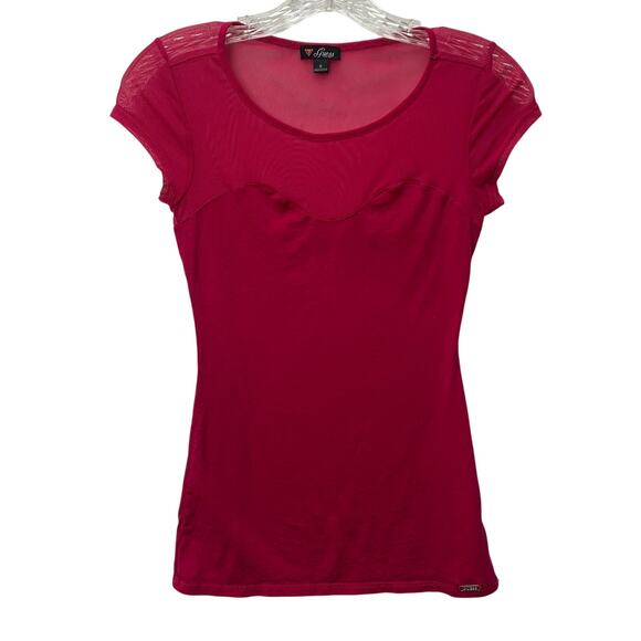 VTG Guess Womens Small Hot Pink Magenta Y2K Sheer Sweetheart Tee Tshirt 2000s - Picture 1 of 8